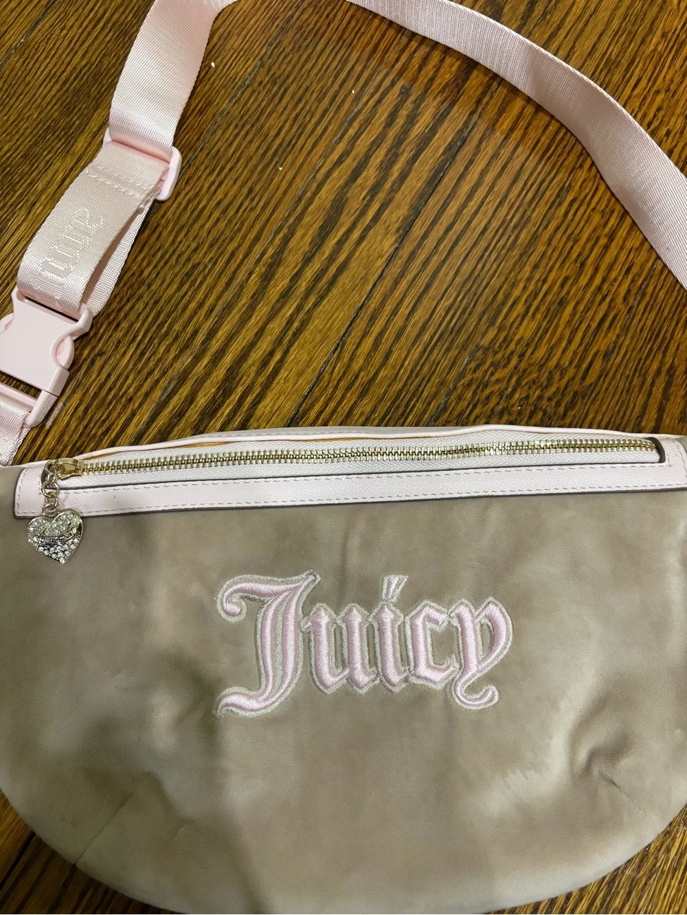 Juicy Couture Taupe Velvet Crossbody with Pink Strap